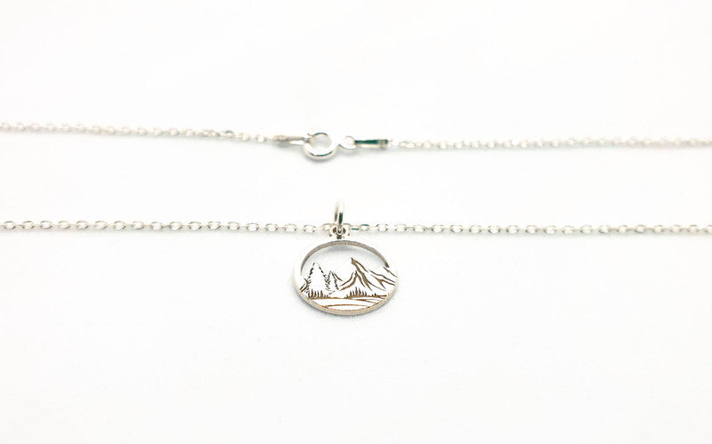Engraved Mountains and Forest Pendant Necklace in Sterling Silver - Hiking Climbing Adventure Pendant - Travel Inspired Jewelry