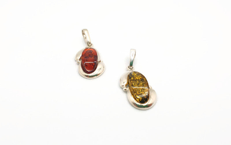 Cognac or Green Baltic Amber Pendant: Sterling Silver Handmade Jewelry, Oval-shaped amber
