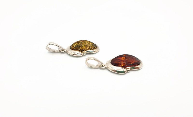Cognac or Green Baltic Amber Pendant: Sterling Silver Handmade Jewelry, Oval-shaped amber