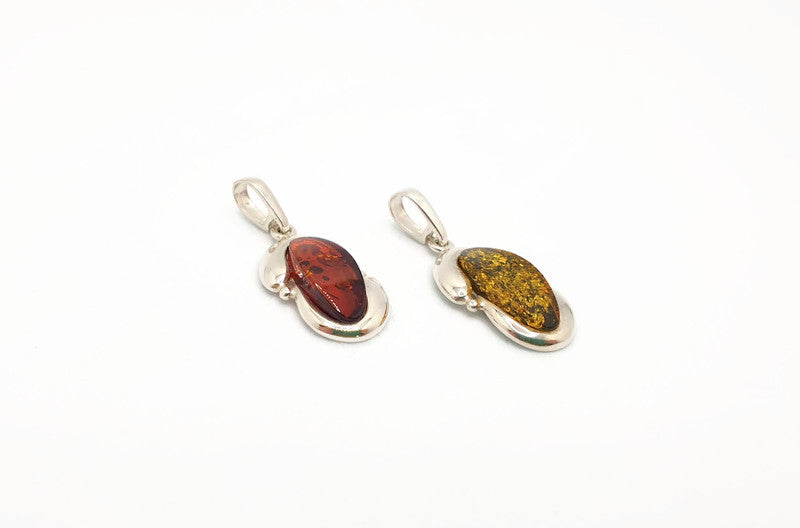 Cognac or Green Baltic Amber Pendant: Sterling Silver Handmade Jewelry, Oval-shaped amber