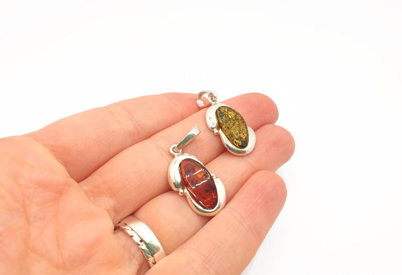 Cognac or Green Baltic Amber Pendant: Sterling Silver Handmade Jewelry, Oval-shaped amber