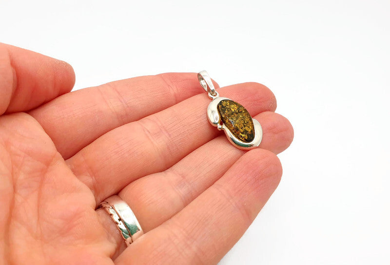 Cognac or Green Baltic Amber Pendant: Sterling Silver Handmade Jewelry, Oval-shaped amber