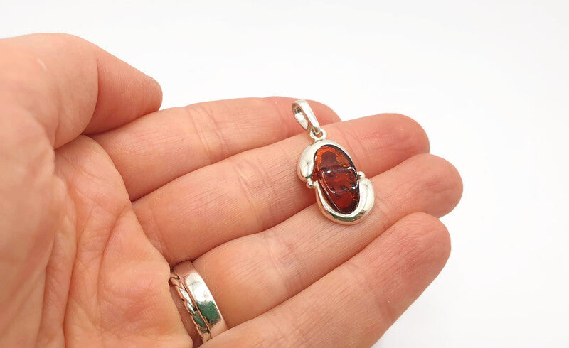 Cognac or Green Baltic Amber Pendant: Sterling Silver Handmade Jewelry, Oval-shaped amber