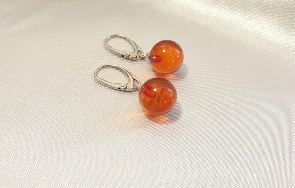 Beautiful Honey Cognac Clear Polished Amber Danlge Earrings with Sterling Silver 925, round ball drop dangle earrings, Baltic amber jewelry