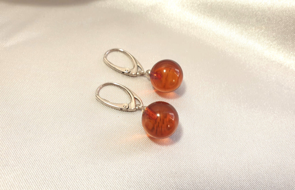 Beautiful Honey Cognac Clear Polished Amber Danlge Earrings with Sterling Silver 925, round ball drop dangle earrings, Baltic amber jewelry