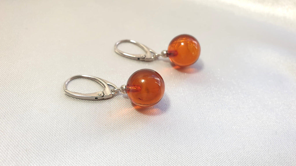 Beautiful Honey Cognac Clear Polished Amber Danlge Earrings with Sterling Silver 925, round ball drop dangle earrings, Baltic amber jewelry