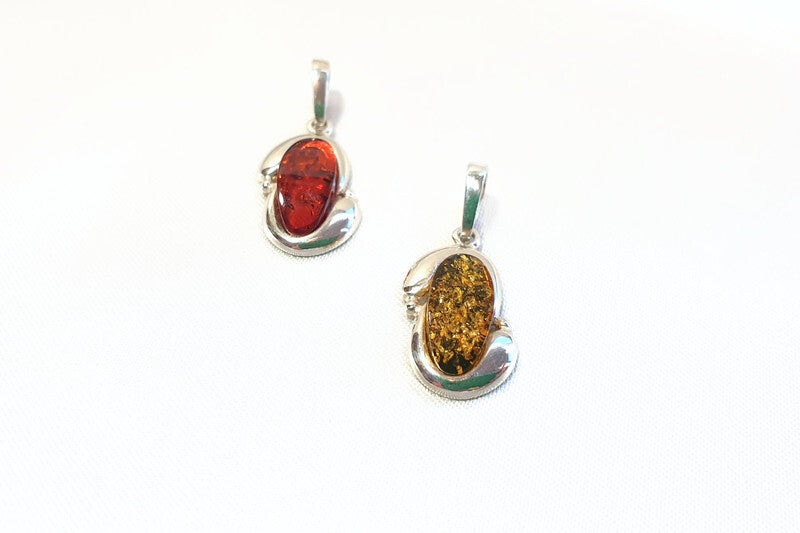 Cognac or Green Baltic Amber Pendant: Sterling Silver Handmade Jewelry, Oval-shaped amber