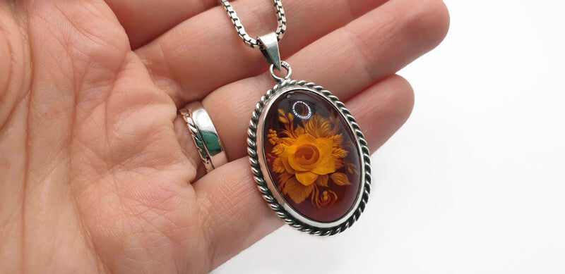 Hand Carved Rose Amber Pendant - Sterling Silver Reverse Intaglio Jewelry - Genuine One of a Kind Baltic Amber Cameo Flowers Necklace