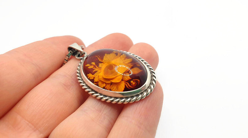 Hand Carved Rose Amber Pendant - Sterling Silver Reverse Intaglio Jewelry - Genuine One of a Kind Baltic Amber Cameo Flowers Necklace