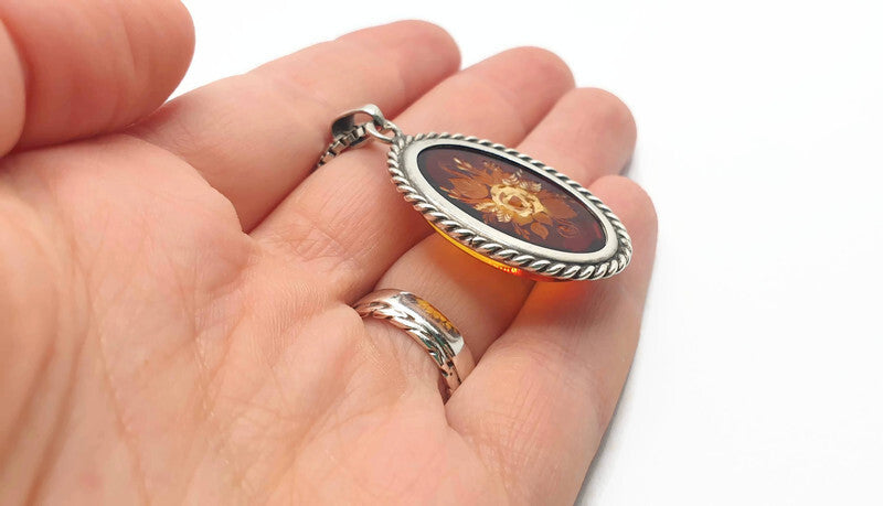 Hand Carved Rose Amber Pendant - Sterling Silver Reverse Intaglio Jewelry - Genuine One of a Kind Baltic Amber Cameo Flowers Necklace