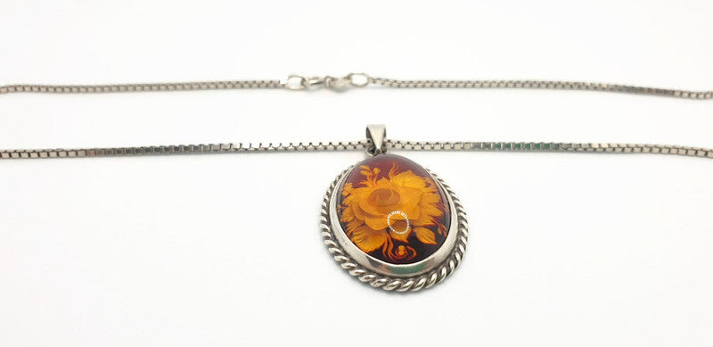 Hand Carved Rose Amber Pendant - Sterling Silver Reverse Intaglio Jewelry - Genuine One of a Kind Baltic Amber Cameo Flowers Necklace