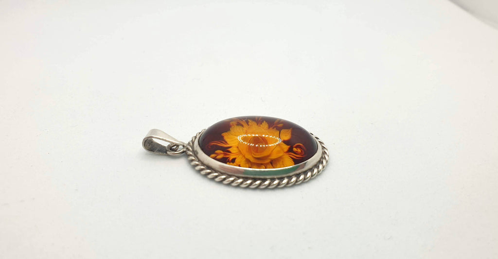 Hand Carved Rose Amber Pendant - Sterling Silver Reverse Intaglio Jewelry - Genuine One of a Kind Baltic Amber Cameo Flowers Necklace