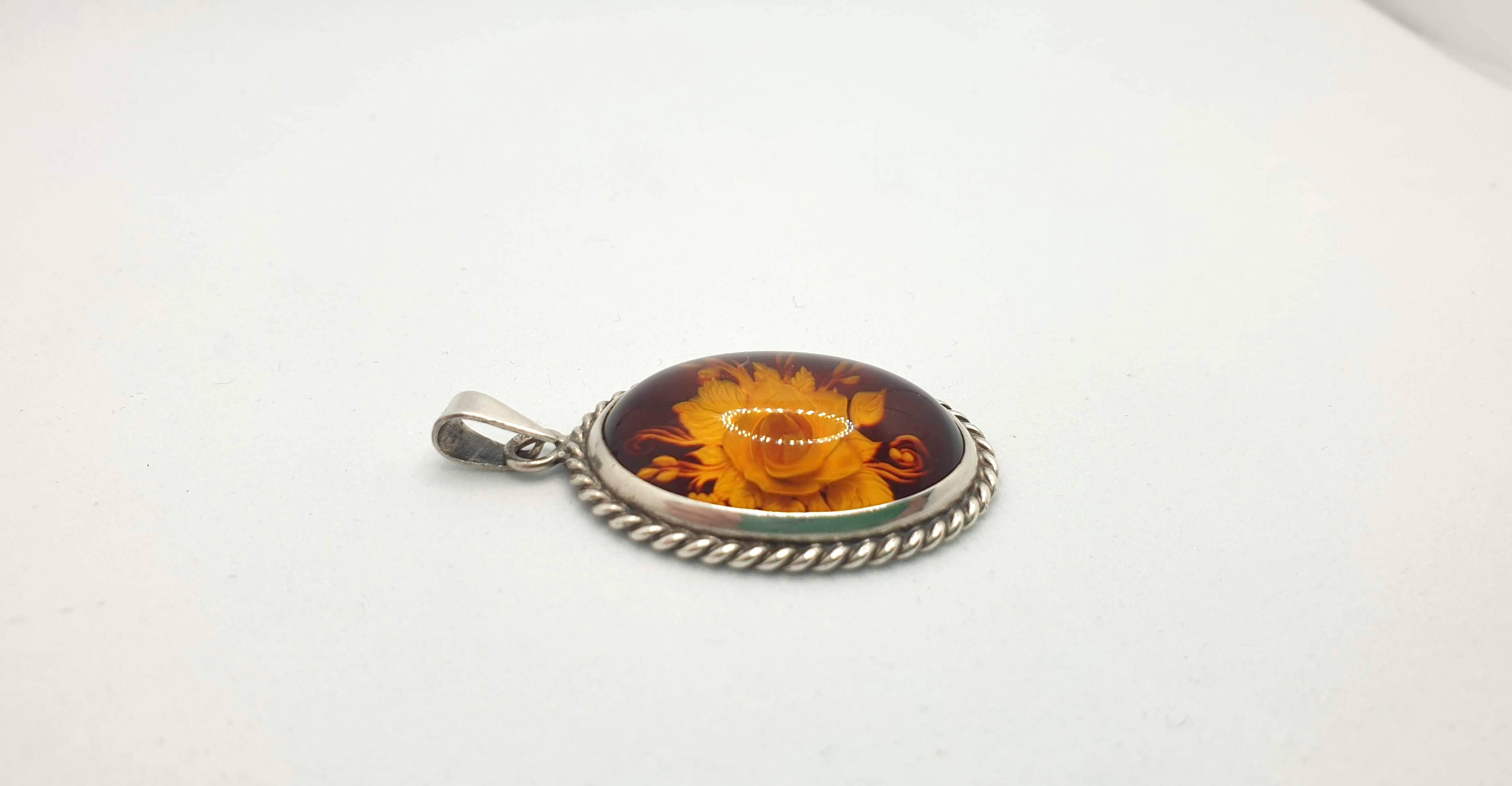 Hand Carved Rose Amber Pendant - Sterling Silver Reverse Intaglio Jewelry - Genuine One of a Kind Baltic Amber Cameo Flowers Necklace