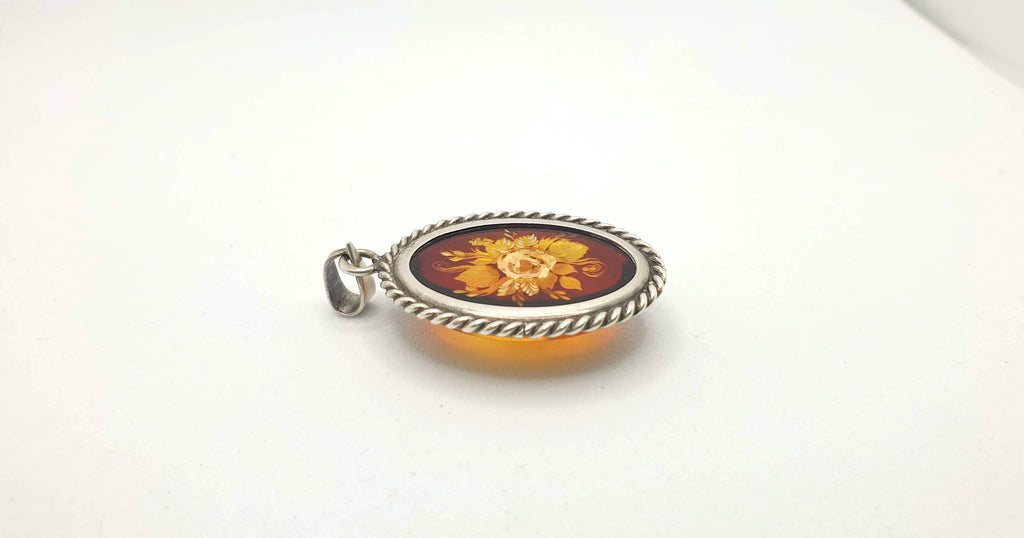 Hand Carved Rose Amber Pendant - Sterling Silver Reverse Intaglio Jewelry - Genuine One of a Kind Baltic Amber Cameo Flowers Necklace