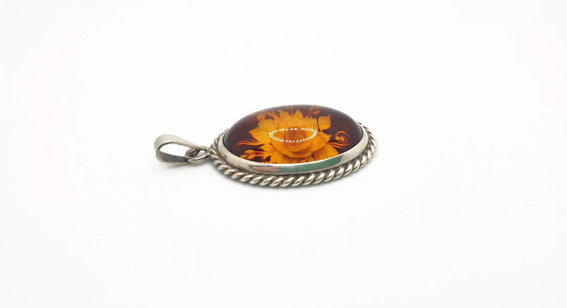 Hand Carved Rose Amber Pendant - Sterling Silver Reverse Intaglio Jewelry - Genuine One of a Kind Baltic Amber Cameo Flowers Necklace