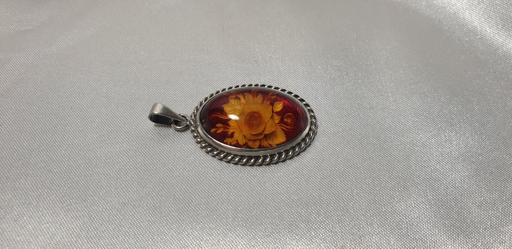 Hand Carved Rose Amber Pendant - Sterling Silver Reverse Intaglio Jewelry - Genuine One of a Kind Baltic Amber Cameo Flowers Necklace