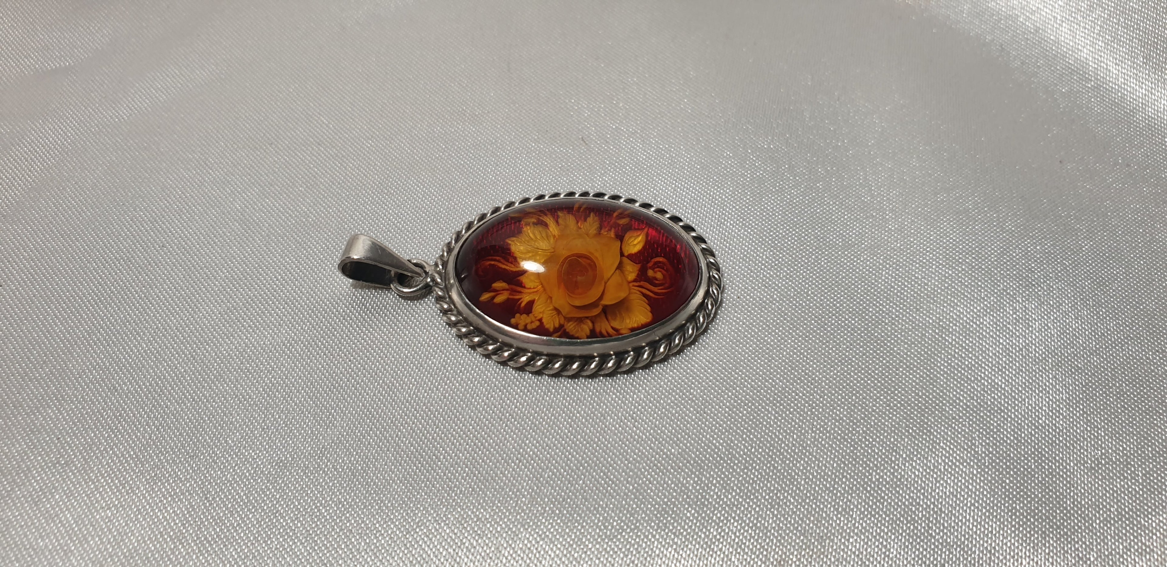 Hand Carved Rose Amber Pendant - Sterling Silver Reverse Intaglio Jewelry - Genuine One of a Kind Baltic Amber Cameo Flowers Necklace