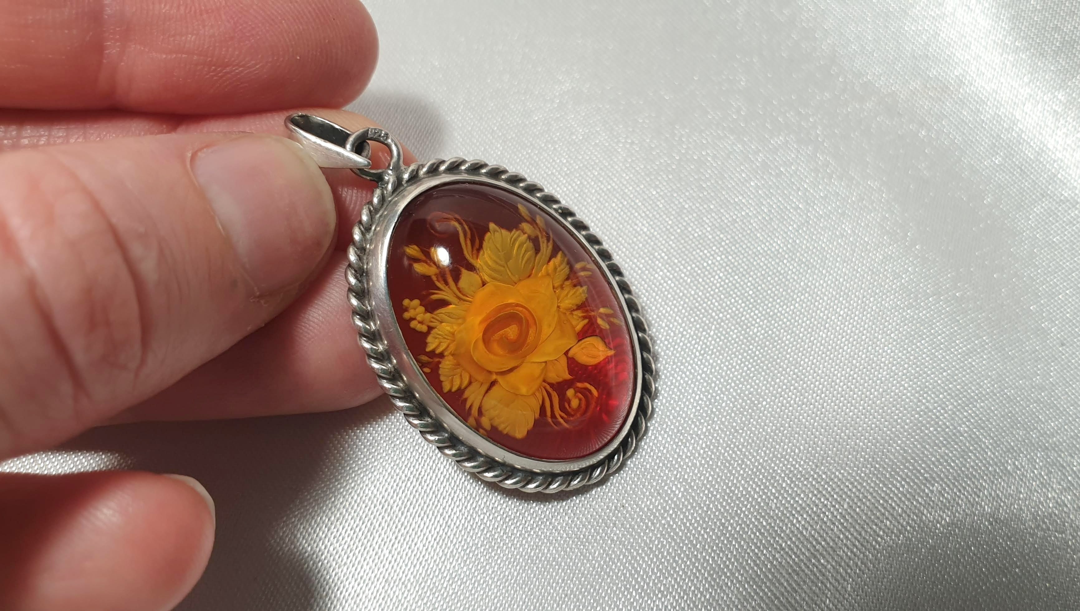 Hand Carved Rose Amber Pendant - Sterling Silver Reverse Intaglio Jewelry - Genuine One of a Kind Baltic Amber Cameo Flowers Necklace