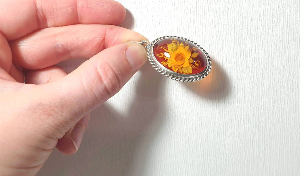 Hand Carved Rose Amber Pendant - Sterling Silver Reverse Intaglio Jewelry - Genuine One of a Kind Baltic Amber Cameo Flowers Necklace