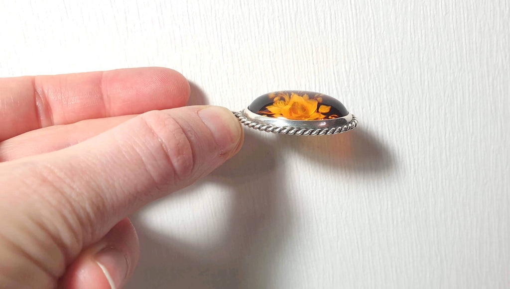 Hand Carved Rose Amber Pendant - Sterling Silver Reverse Intaglio Jewelry - Genuine One of a Kind Baltic Amber Cameo Flowers Necklace
