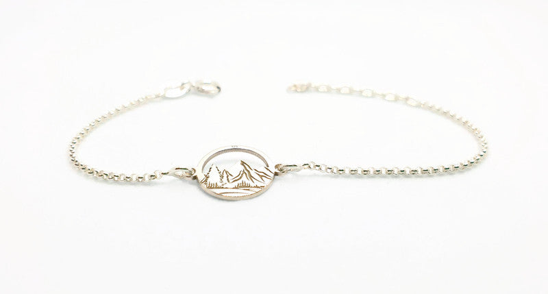 Engraved Mountains and Forest Bracelet, Sterling Silver Travel Inspired Jewelry, Hiking Climbing Adventure Link Bracelet