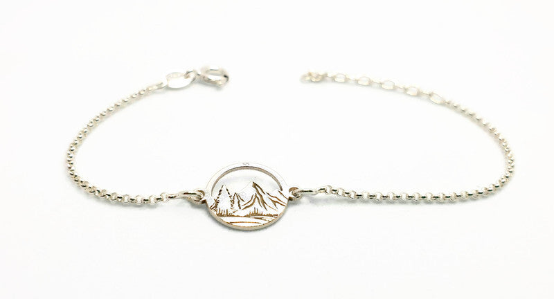 Engraved Mountains and Forest Bracelet, Sterling Silver Travel Inspired Jewelry, Hiking Climbing Adventure Link Bracelet