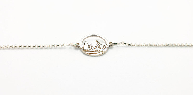 Engraved Mountains and Forest Bracelet, Sterling Silver Travel Inspired Jewelry, Hiking Climbing Adventure Link Bracelet