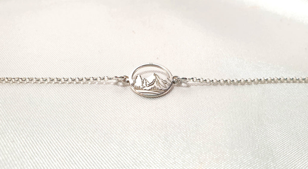 Engraved Mountains and Forest Bracelet, Sterling Silver Travel Inspired Jewelry, Hiking Climbing Adventure Link Bracelet