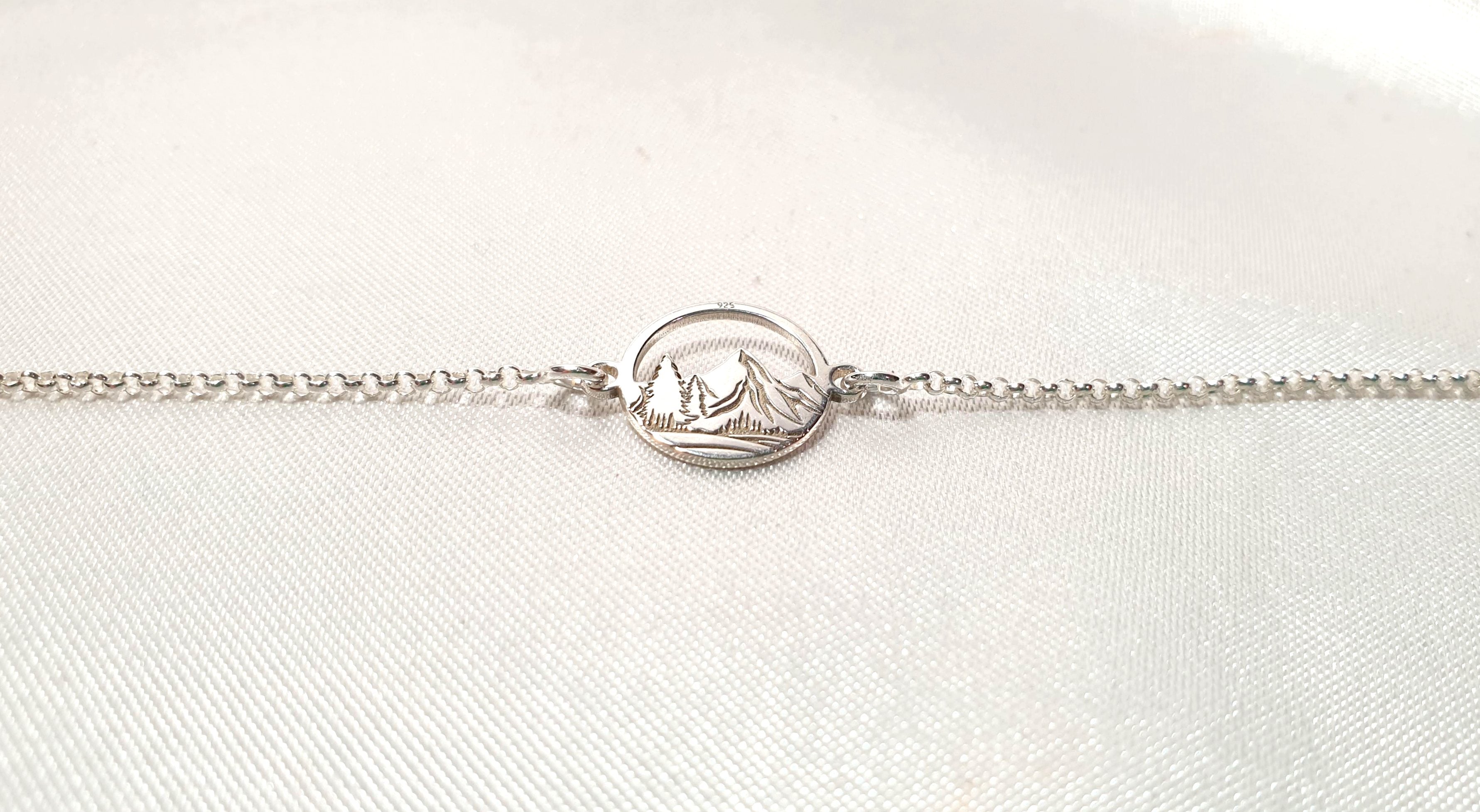 Engraved Mountains and Forest Bracelet, Sterling Silver Travel Inspired Jewelry, Hiking Climbing Adventure Link Bracelet