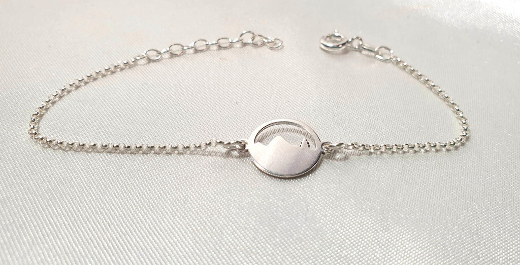 Engraved Mountains and Forest Bracelet, Sterling Silver Travel Inspired Jewelry, Hiking Climbing Adventure Link Bracelet