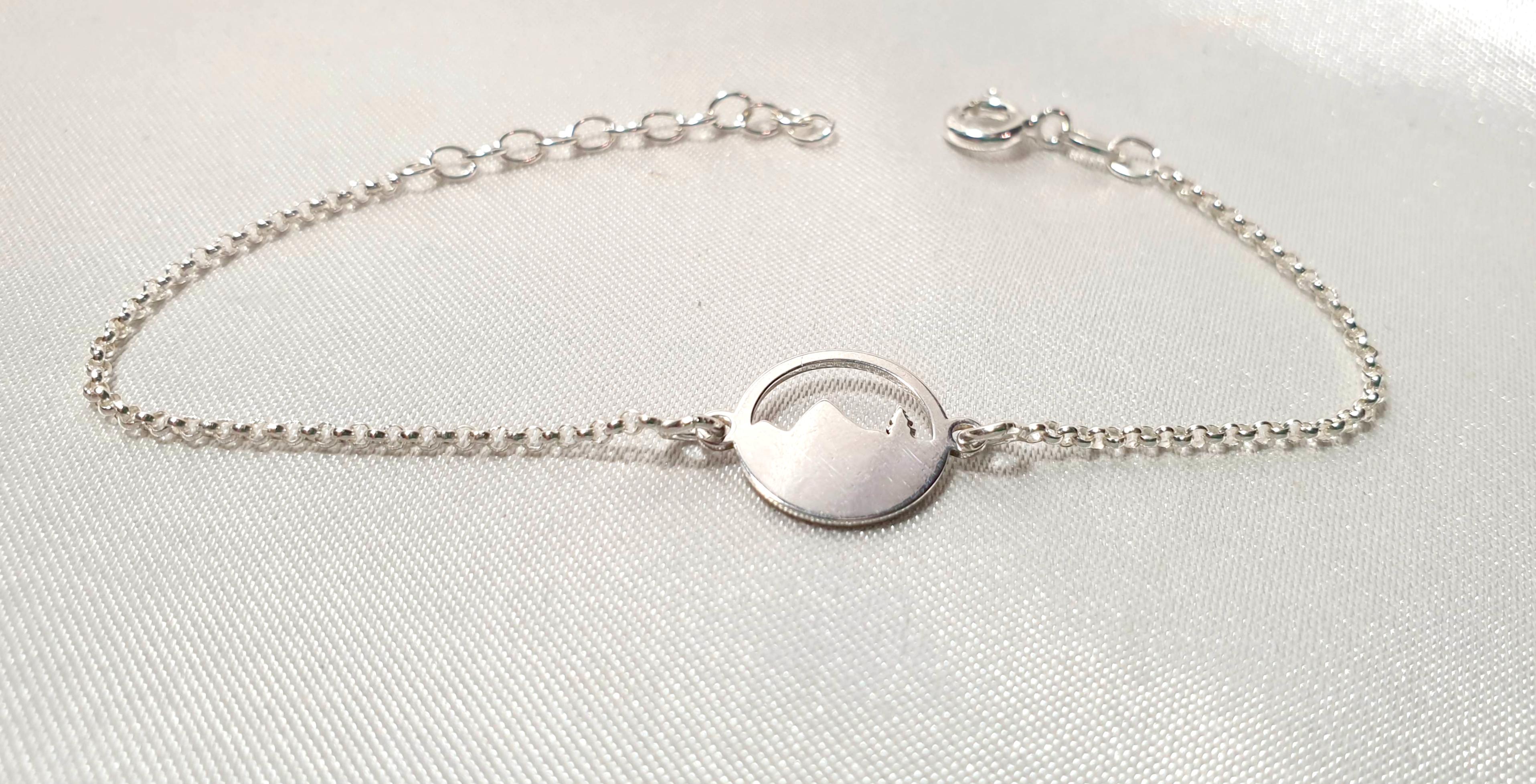 Engraved Mountains and Forest Bracelet, Sterling Silver Travel Inspired Jewelry, Hiking Climbing Adventure Link Bracelet