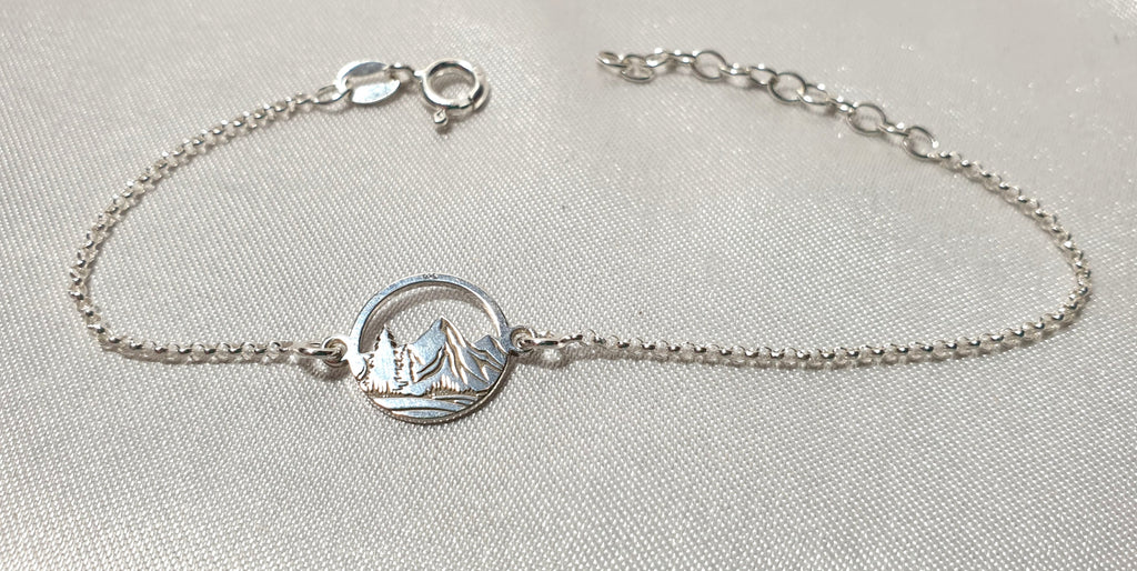Engraved Mountains and Forest Bracelet, Sterling Silver Travel Inspired Jewelry, Hiking Climbing Adventure Link Bracelet