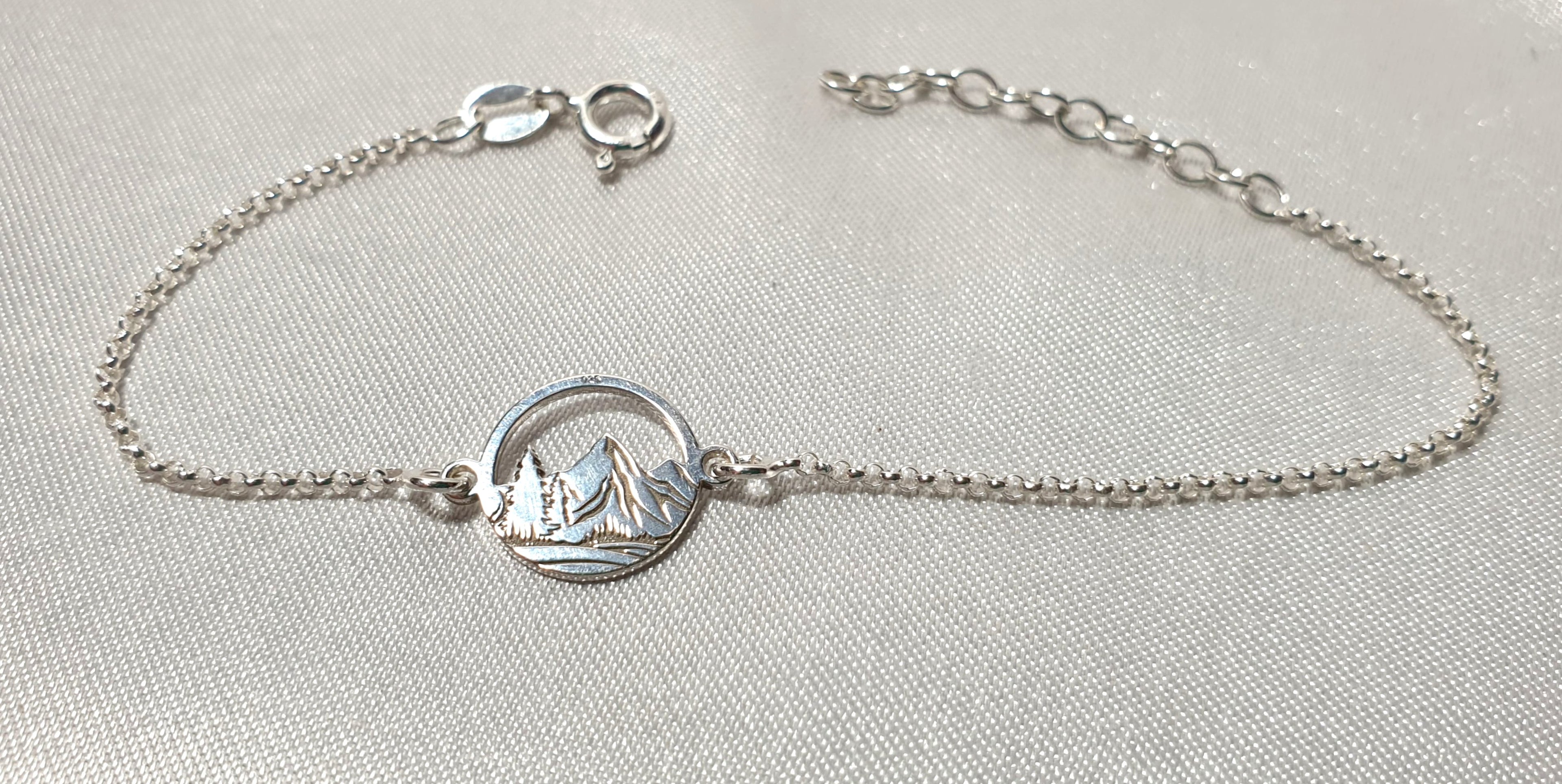 Engraved Mountains and Forest Bracelet, Sterling Silver Travel Inspired Jewelry, Hiking Climbing Adventure Link Bracelet