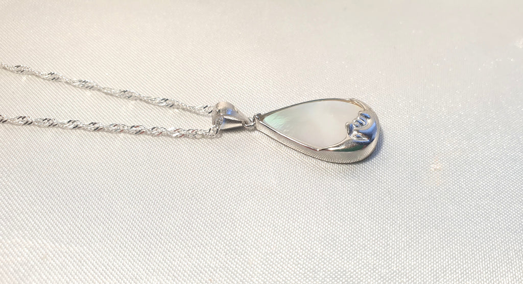Mother of Pearl Moon Face Necklace | Sterling Silver Teardrop Pendant with the Chain