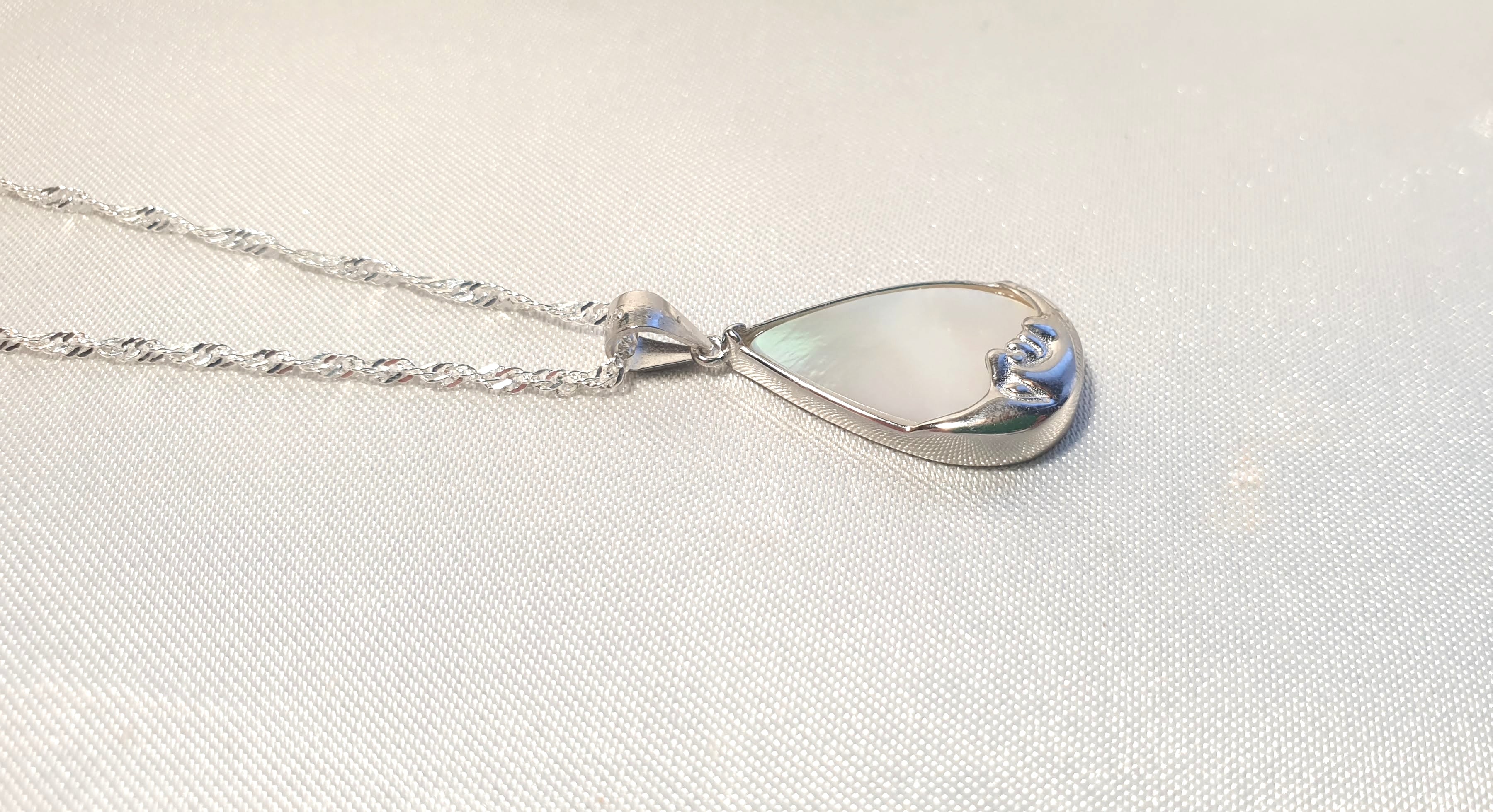 Mother of Pearl Moon Face Necklace | Sterling Silver Teardrop Pendant with the Chain