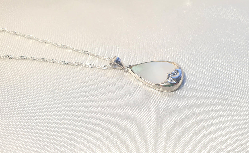 Mother of Pearl Moon Face Necklace | Sterling Silver Teardrop Pendant with the Chain