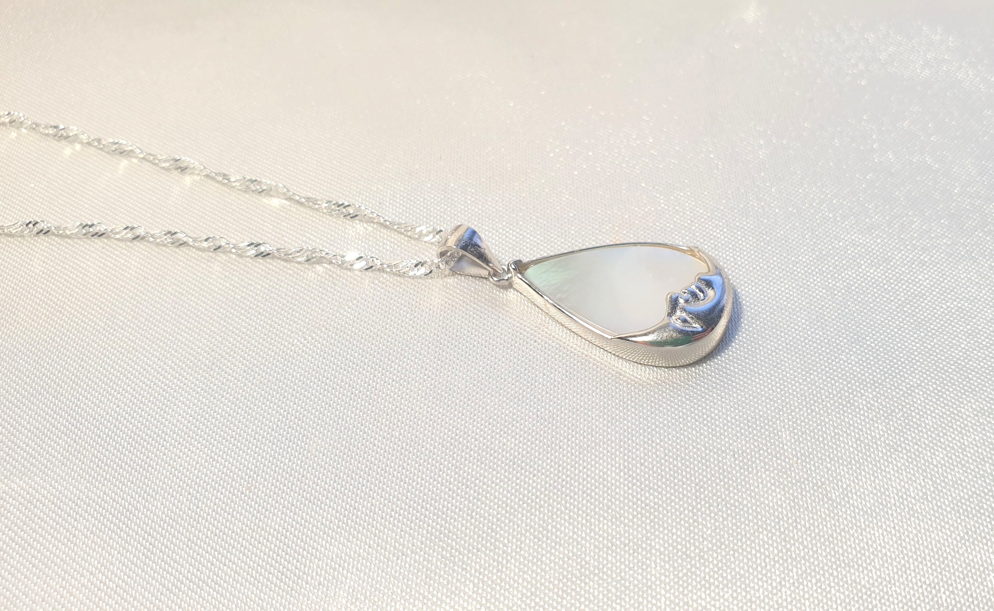 Mother of Pearl Moon Face Necklace | Sterling Silver Teardrop Pendant with the Chain