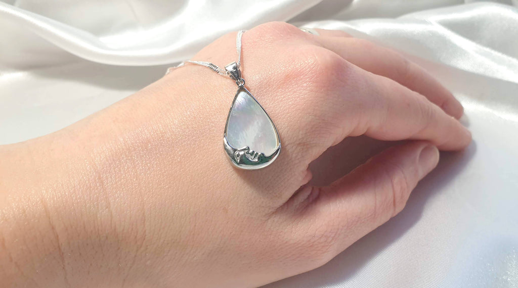 Mother of Pearl Moon Face Necklace | Sterling Silver Teardrop Pendant with the Chain