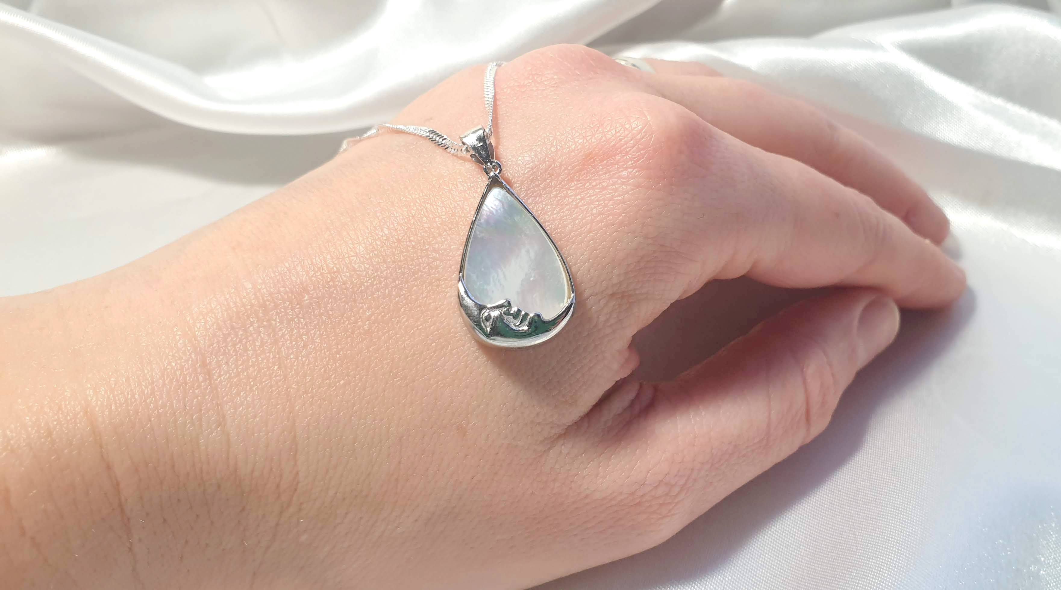 Mother of Pearl Moon Face Necklace | Sterling Silver Teardrop Pendant with the Chain