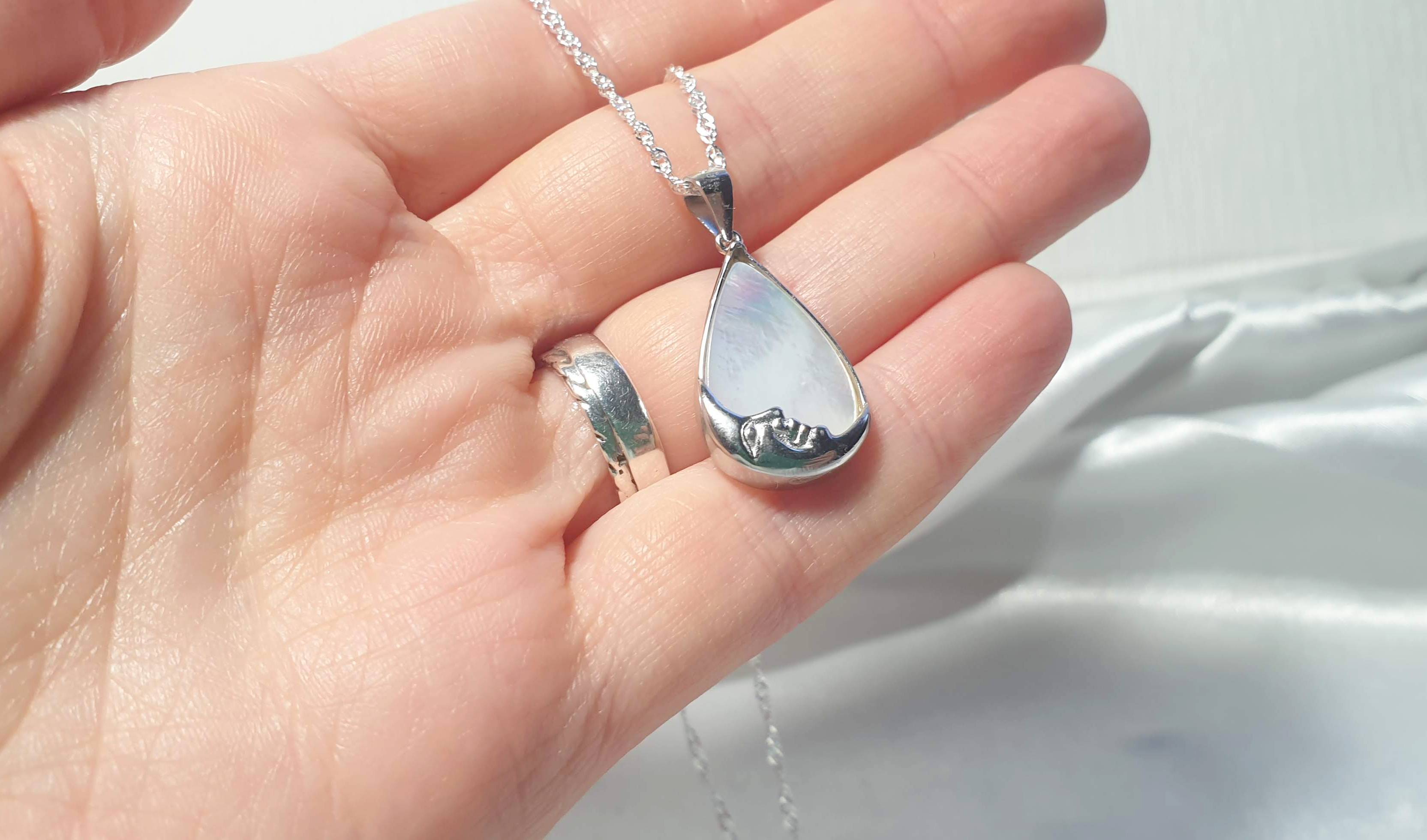 Mother of Pearl Moon Face Necklace | Sterling Silver Teardrop Pendant with the Chain