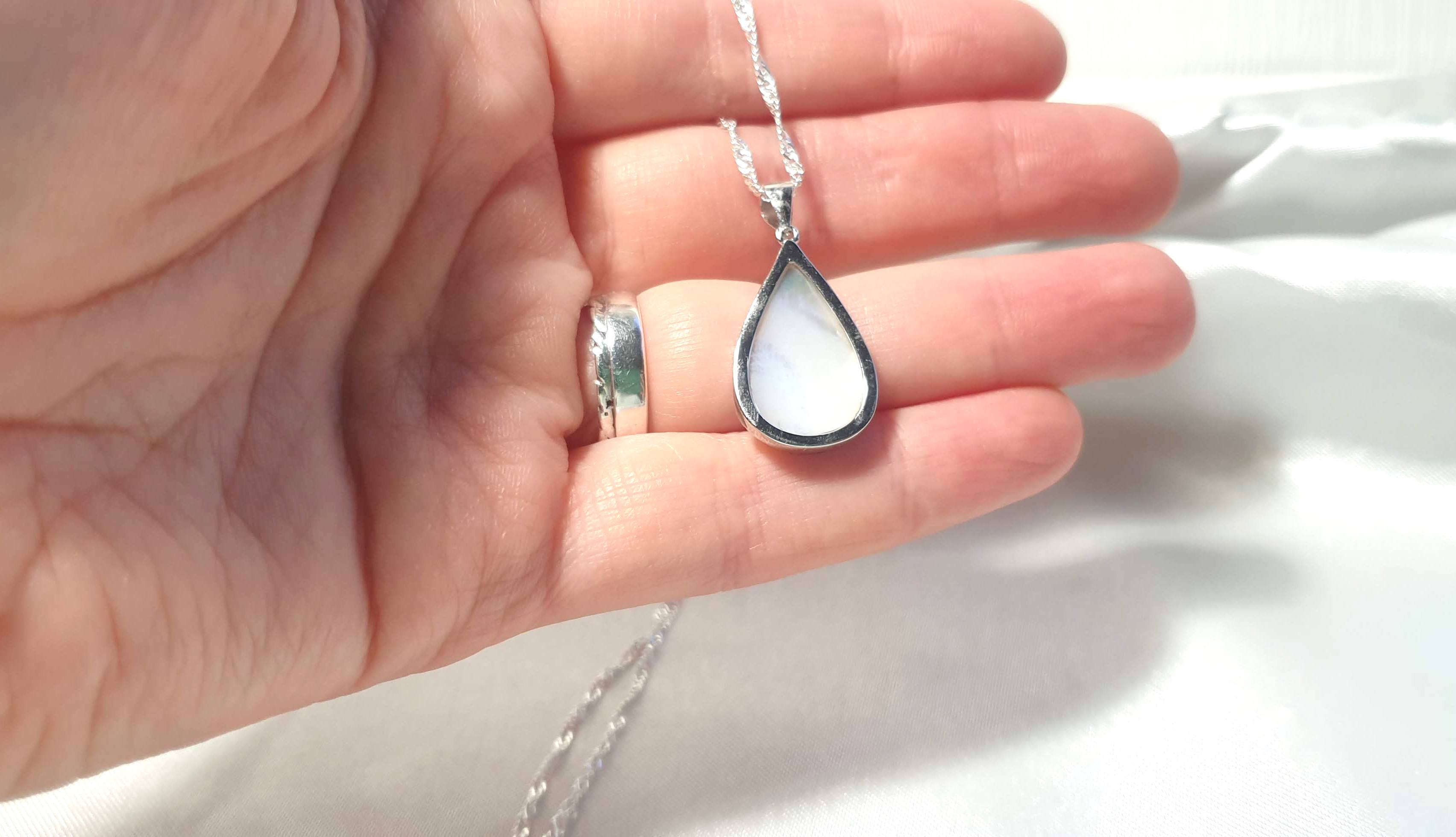 Mother of Pearl Moon Face Necklace | Sterling Silver Teardrop Pendant with the Chain