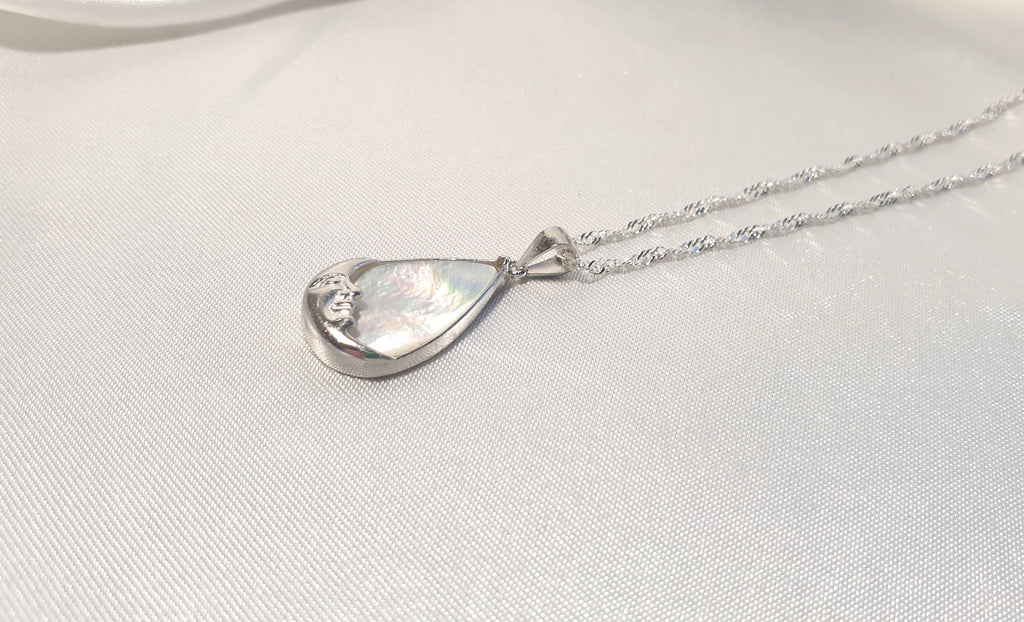 Mother of Pearl Moon Face Necklace | Sterling Silver Teardrop Pendant with the Chain