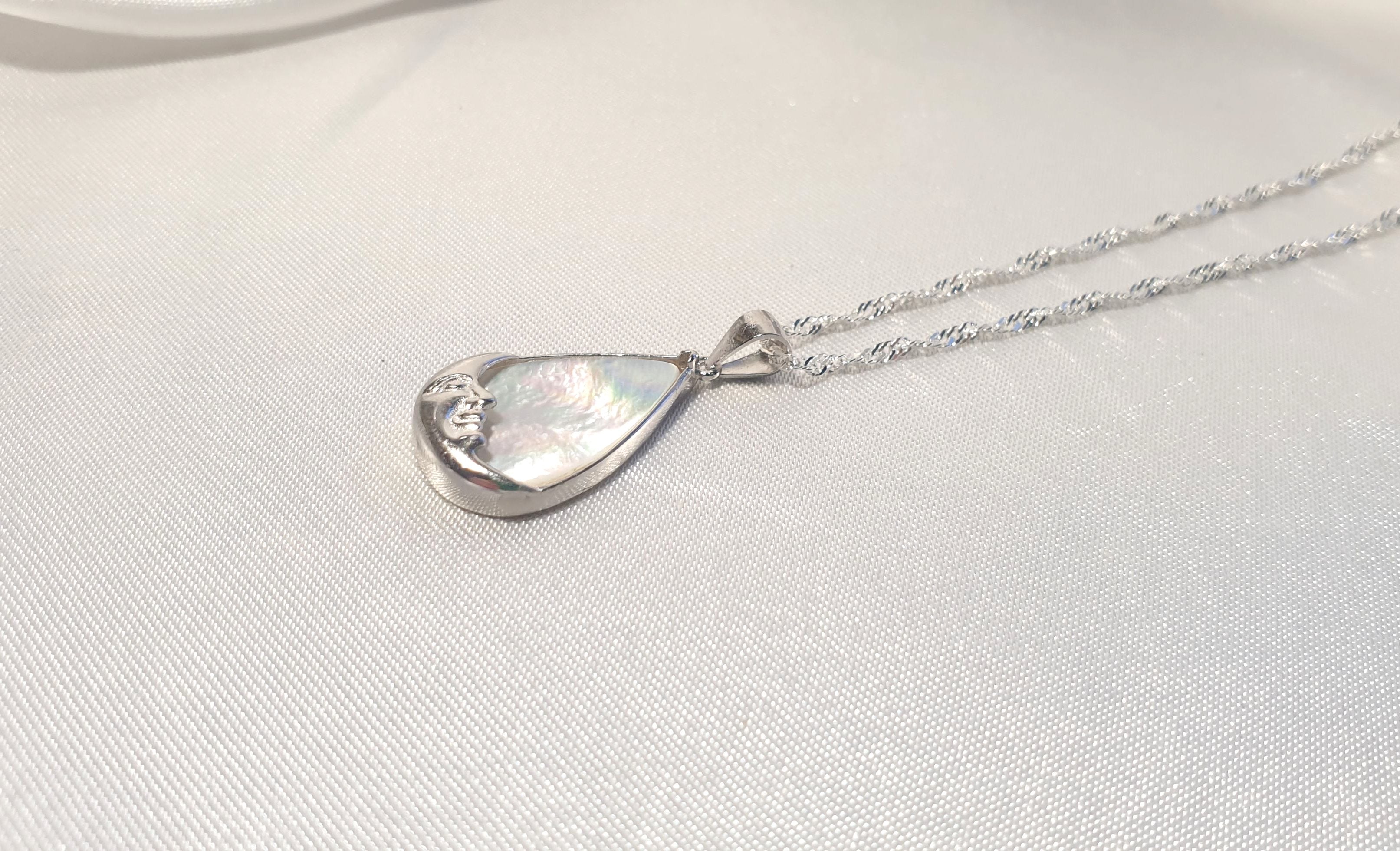 Mother of Pearl Moon Face Necklace | Sterling Silver Teardrop Pendant with the Chain