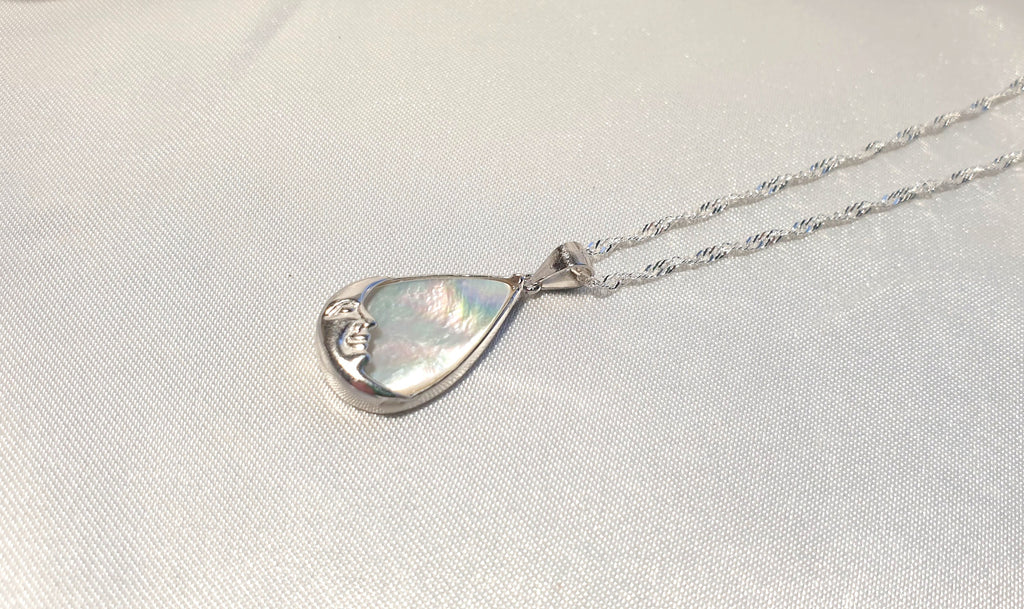 Mother of Pearl Moon Face Necklace | Sterling Silver Teardrop Pendant with the Chain
