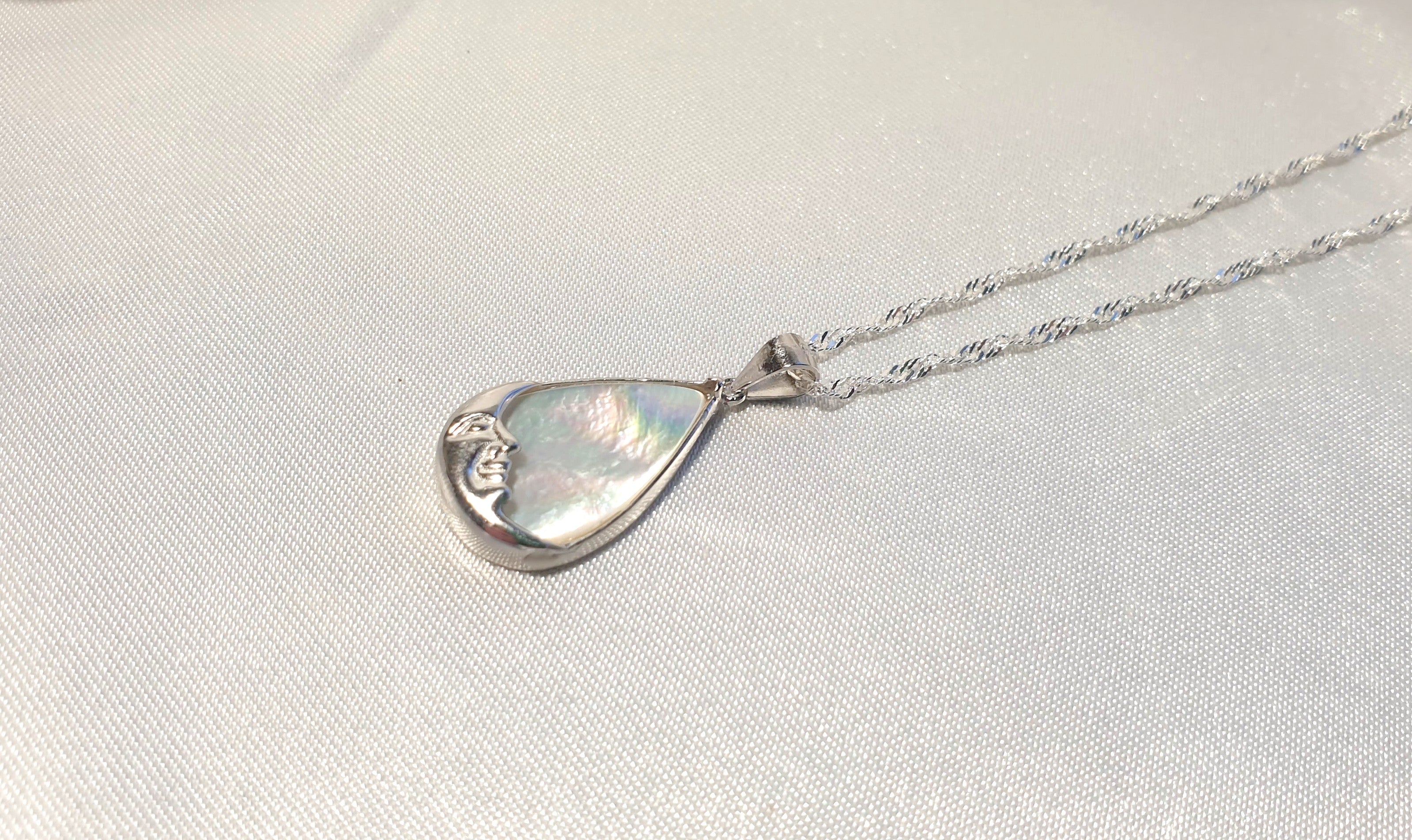 Mother of Pearl Moon Face Necklace | Sterling Silver Teardrop Pendant with the Chain