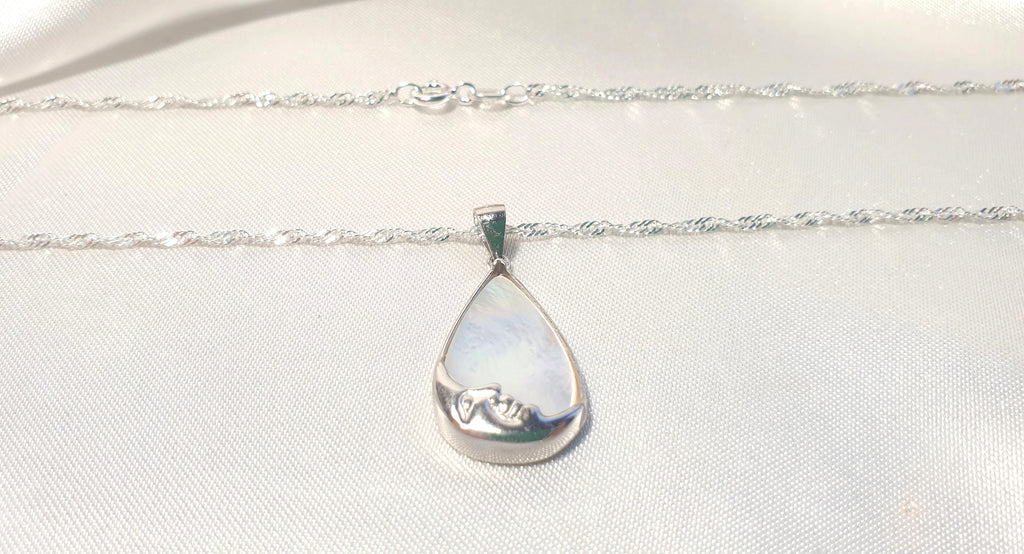 Mother of Pearl Moon Face Necklace | Sterling Silver Teardrop Pendant with the Chain