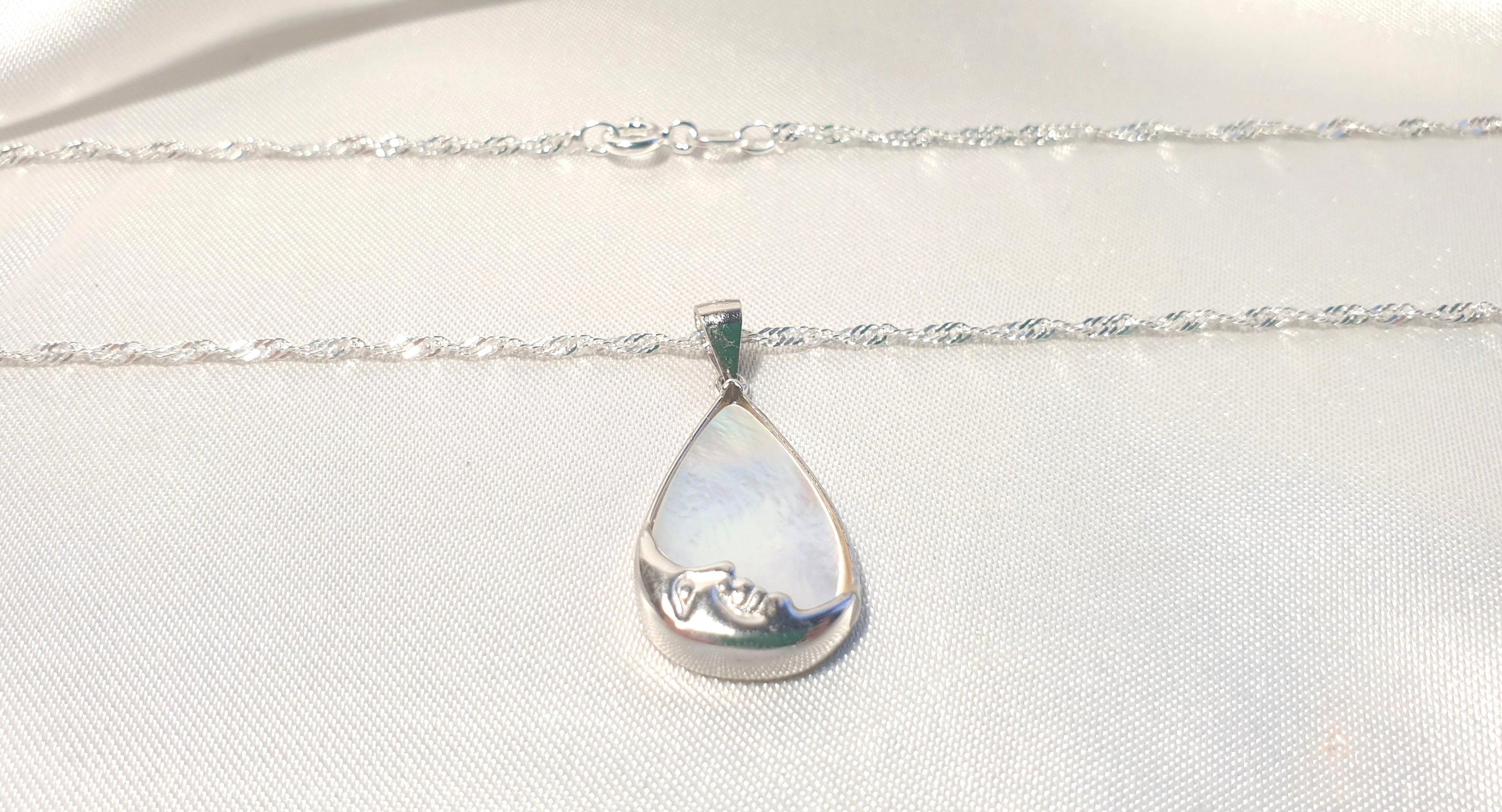 Mother of Pearl Moon Face Necklace | Sterling Silver Teardrop Pendant with the Chain