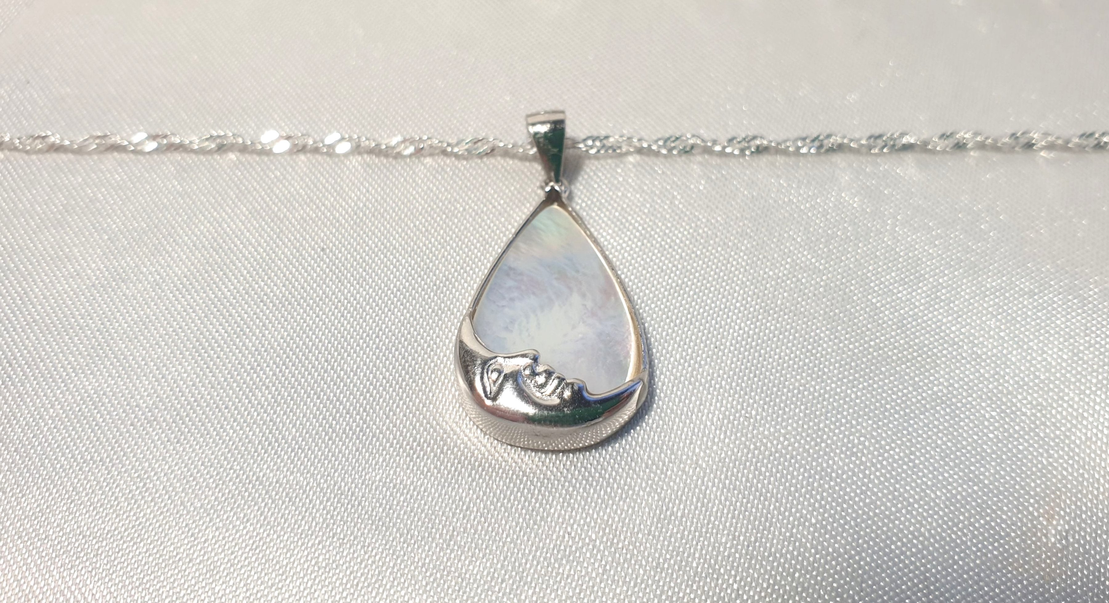 Mother of Pearl Moon Face Necklace | Sterling Silver Teardrop Pendant with the Chain