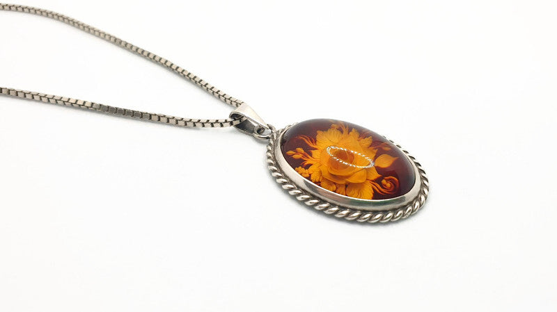 Hand Carved Rose Amber Pendant - Sterling Silver Reverse Intaglio Jewelry - Genuine One of a Kind Baltic Amber Cameo Flowers Necklace