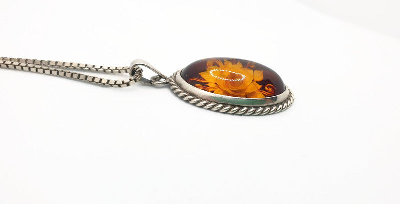 Hand Carved Rose Amber Pendant - Sterling Silver Reverse Intaglio Jewelry - Genuine One of a Kind Baltic Amber Cameo Flowers Necklace